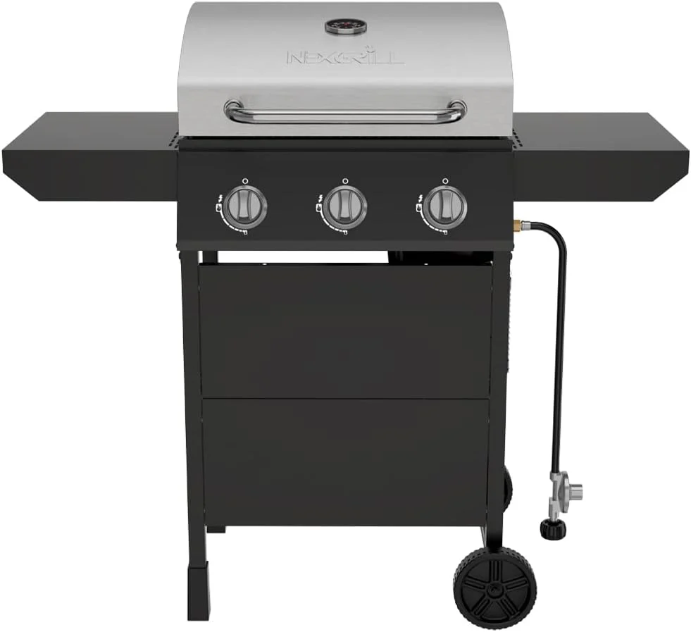 Nexgrill 3-Burner Propane Gas Grill with Side Tables, 27,000BTUs, Stainless Steel Lid