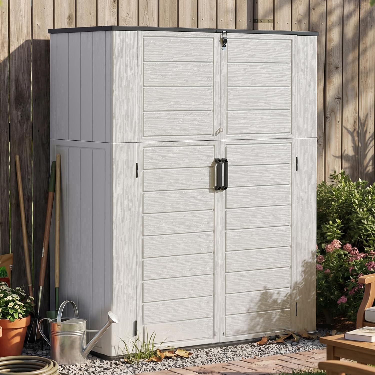 Aoxun 61 Cu.Ft Outdoor Storage Shed  Widened Outdoor Storage Cabinet Waterproof Vertical Resin Shed with Floor for Patio  Garden Tools  Pool Equipment  Easy to Assemble (White)