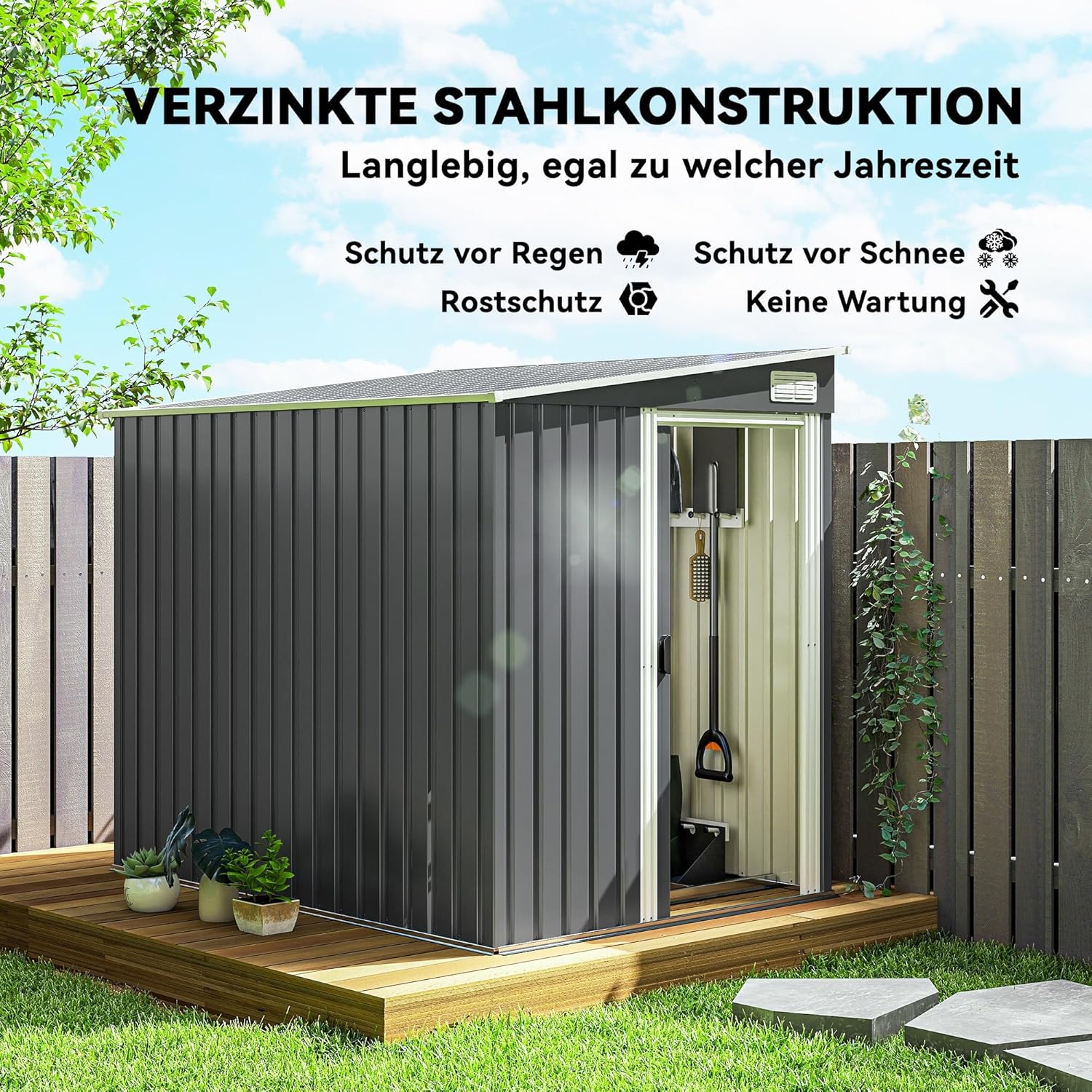 Outsunny Metall Gerätehaus 2,81m² 154x206,5x181 cm Geräteschuppen mit Pultdach Fundament Schiebetür wetterfest Gartenhaus Outdoor Garten Schuppen Schrank für Hinterhof Außenbereich Dunkelgrau