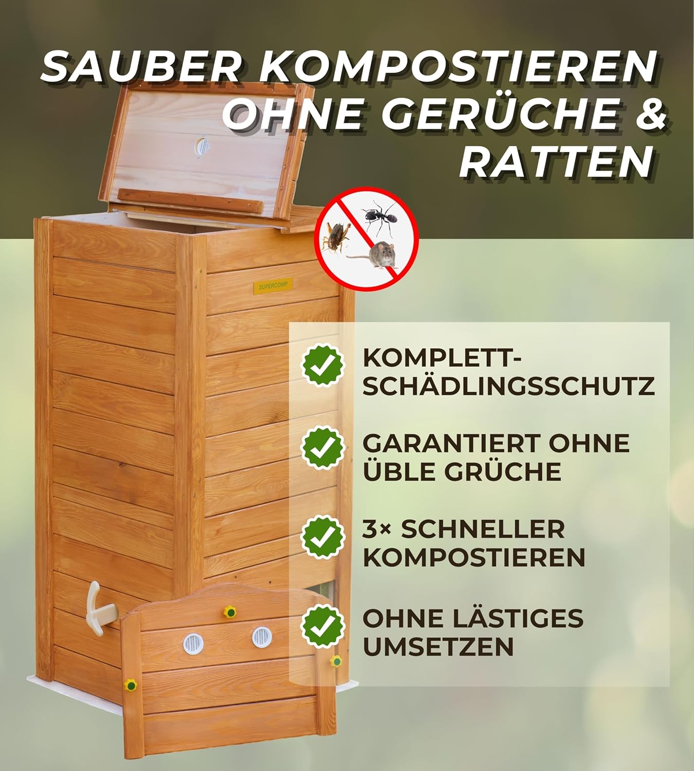 Holz Komposter Rattensicher mit Deckel, Schädlingsschutz, Durchlüftungsgitter und Boden, Gleit-Technik Kompostieren ohne üblen Gerüche, kein Umsetzen mehr, 340 L