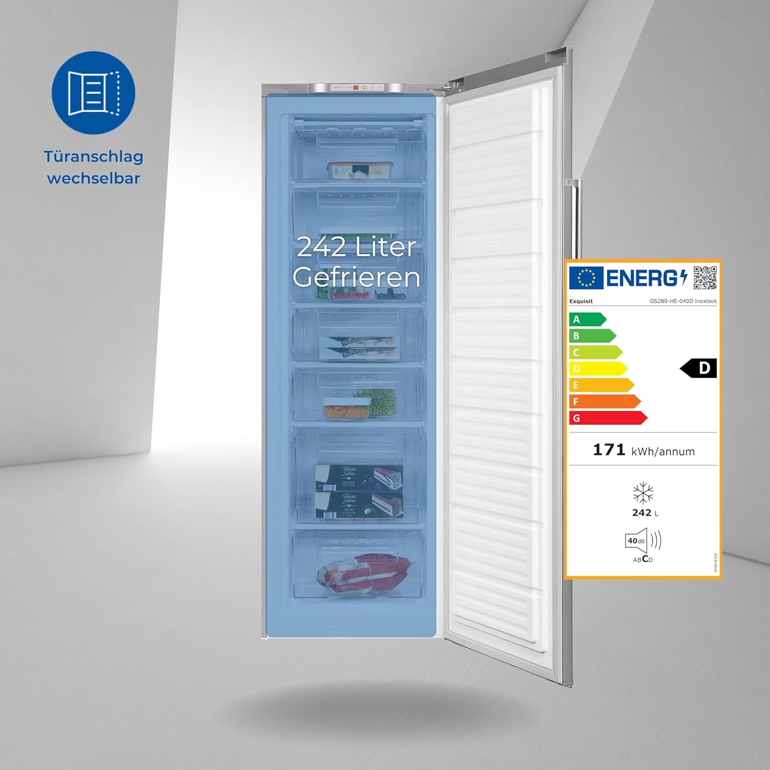 Exquisit Gefrierschrank GS280-HE-040D inoxlook | Tiefkühlschrank Gross 242 Liter | 4* Schnellgefrieren | Gefrierschrank Gross | Türanschlag wechselbar