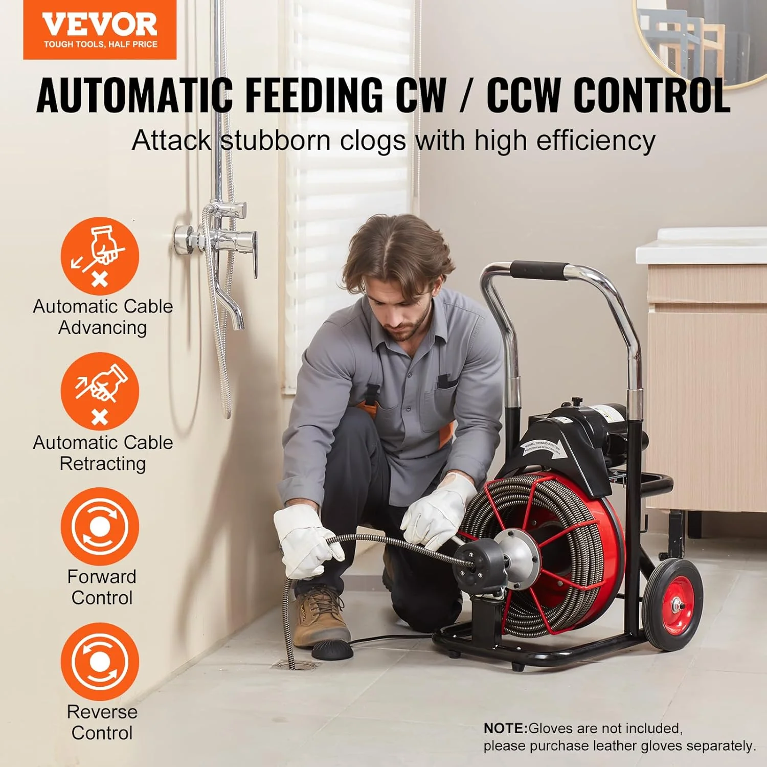 Drain Cleaner Machine 100FT x 1/2 Inch, Auto Feed Sewer Snake Auger on Wheels, 550W Portable Drain Cleaning Machine with 8 Cutters & Air-activated Foot Switch for 2