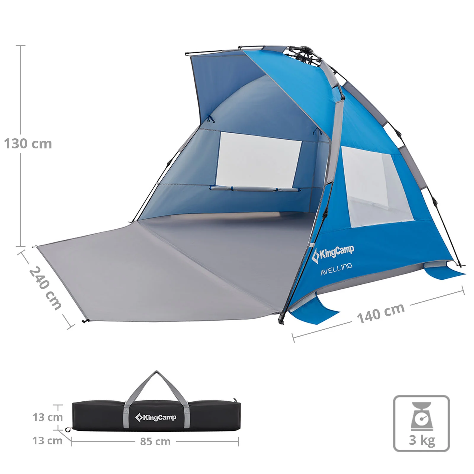2025 KingCamp Avellino Tenda da spiaggia automatica – Protezione solare UPF50+, protezione da vento e privacy con struttura idraulica, sacchi di sabbia e finestre in rete