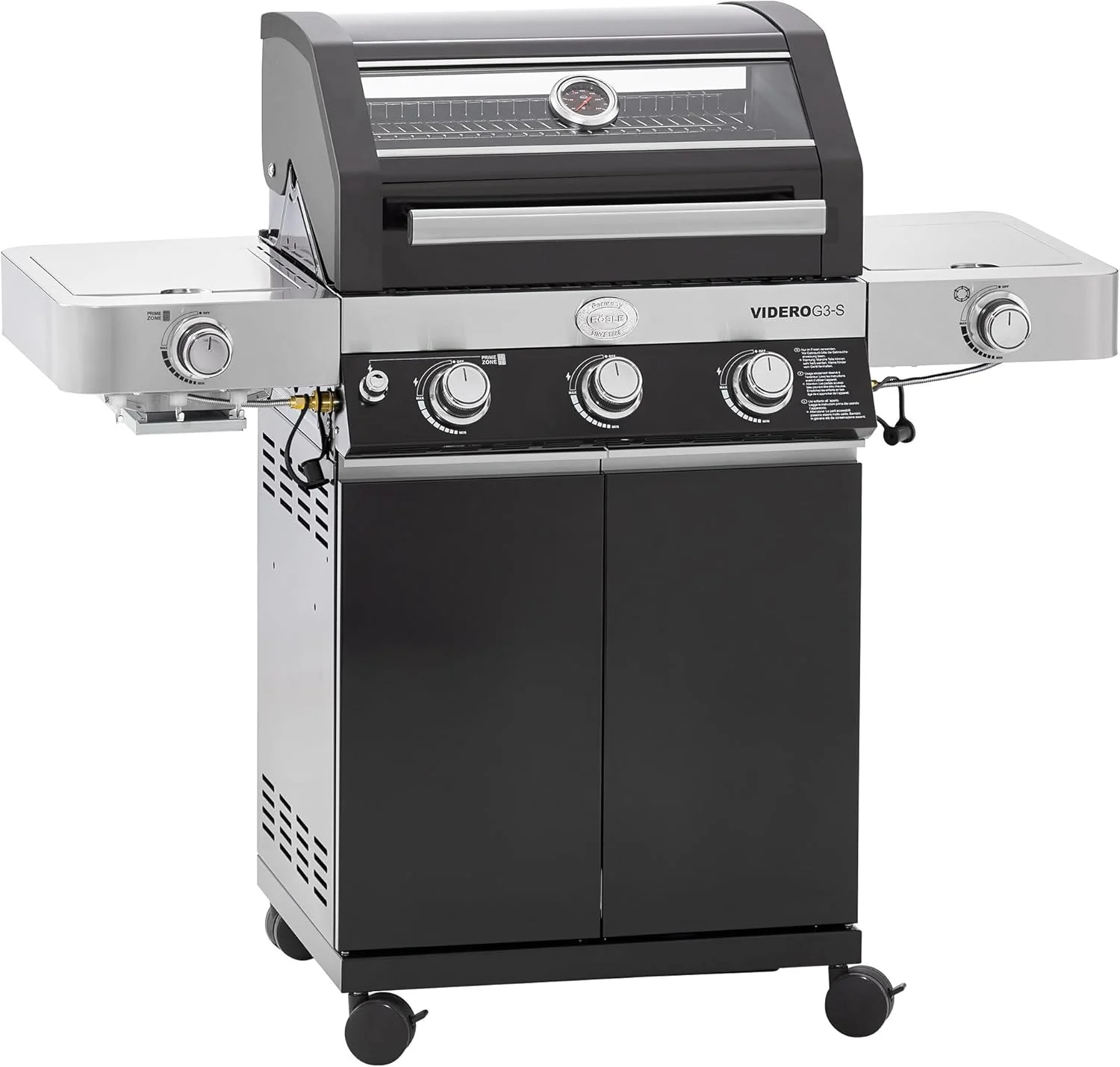 RÖSLE Elektrogrill BBQ-Portable Videro E2-P, tragbarer Tischgrill mit 2 Brennern, Warmhalterost und Deckel mit Glaseinsatz, pulverbeschichteter Stahl, schwarz/silbern
