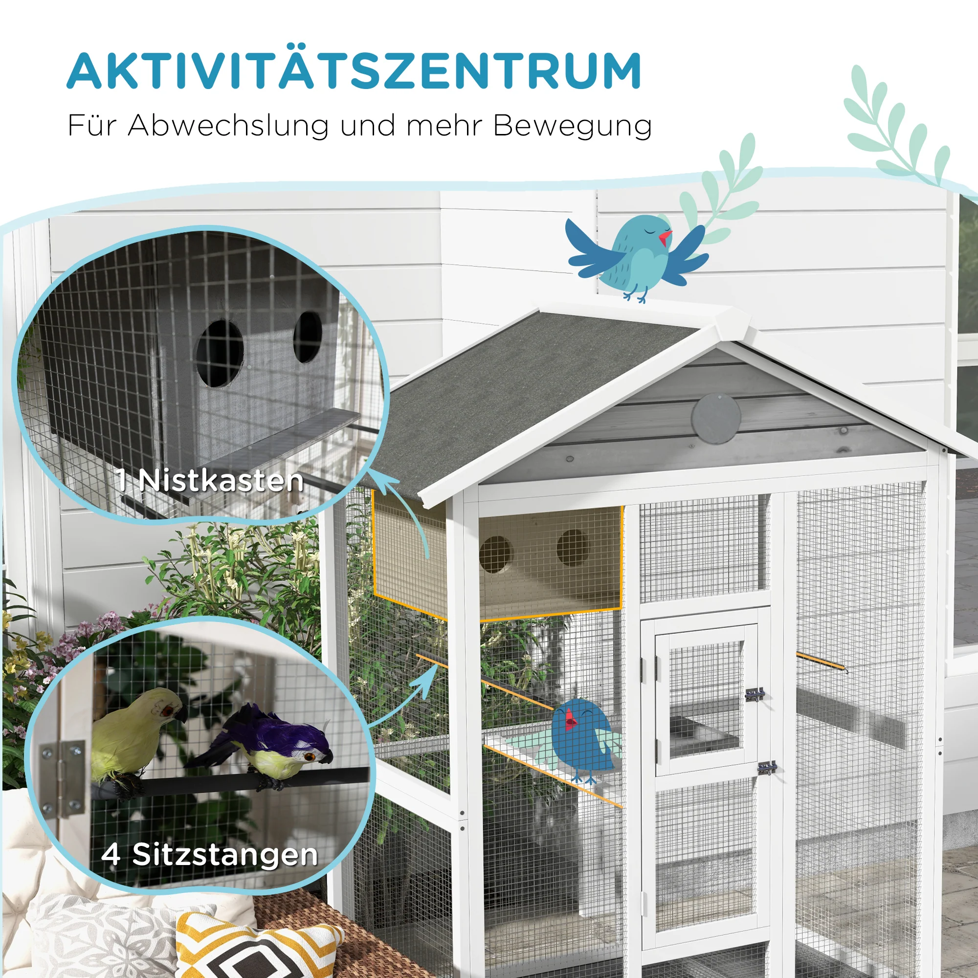 PawHut Houten vogelkooi met 4 zitstokken, asfaltdak, waterdicht, 112 x 68 x 154 cm