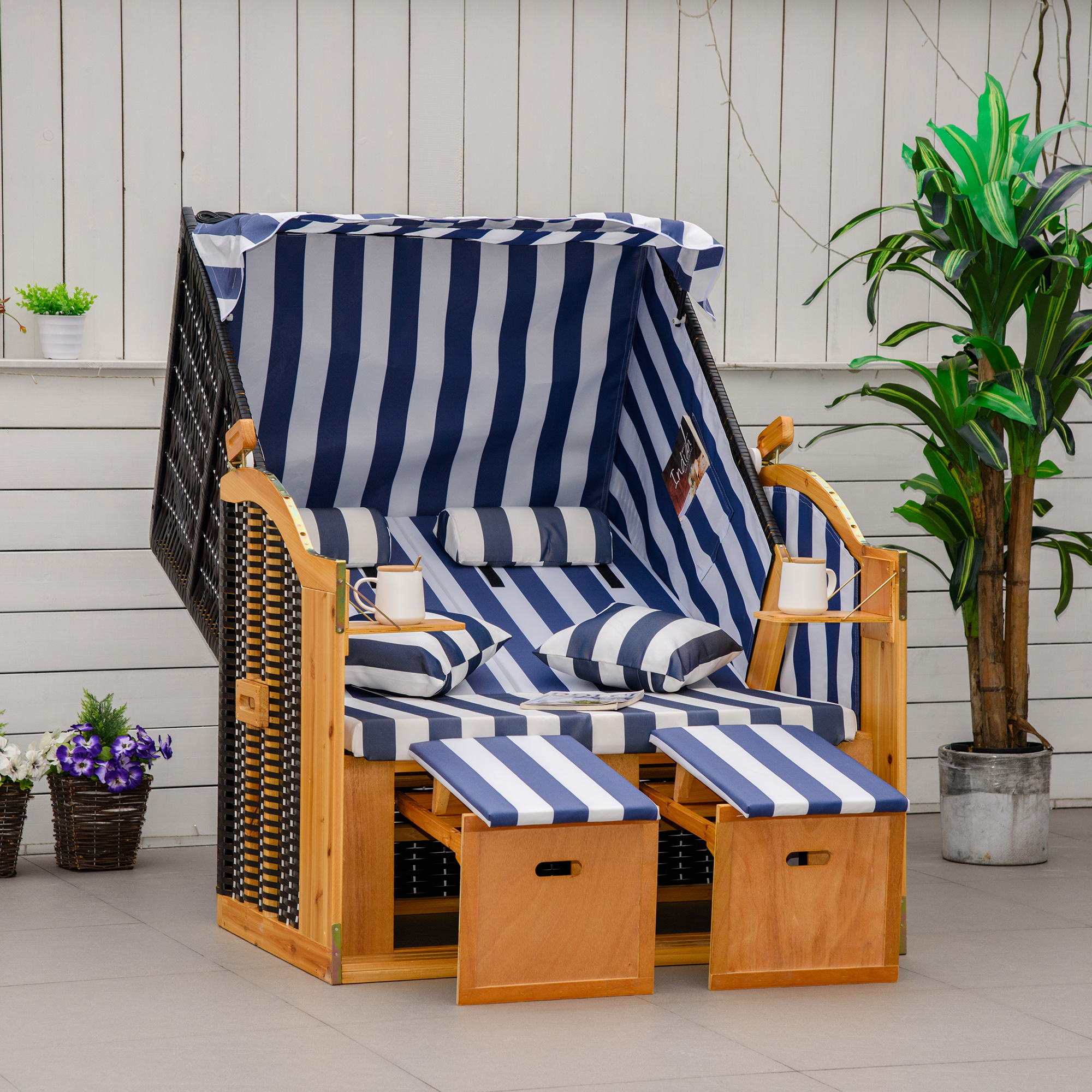 strandstoel met dak rotan look klaptafel blauw 118 x 79 x 150 cm