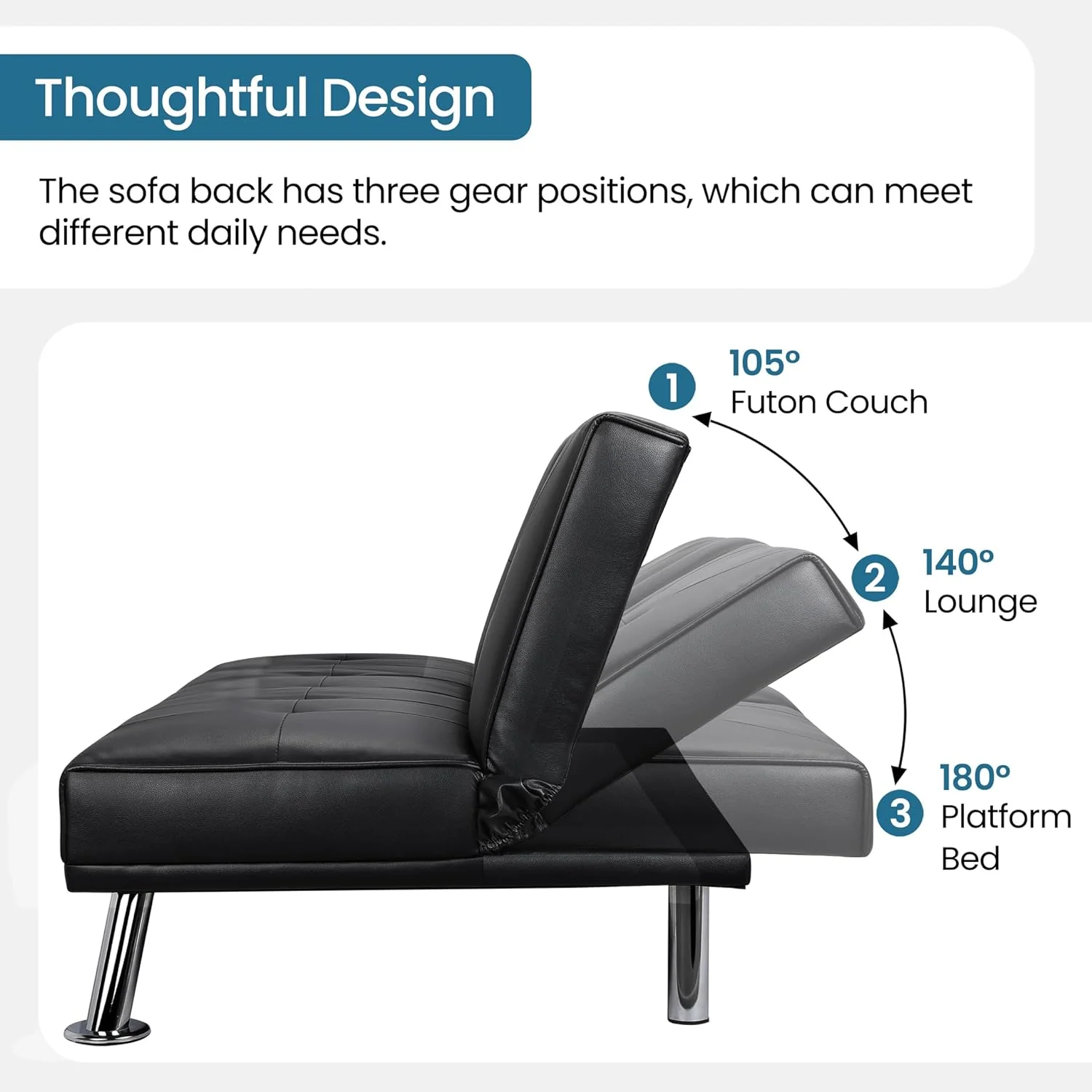 Yaheetech Convertible Sofa Bed Adjustable Couch Sleeper Modern Faux Leather Home Recliner Reversible Loveseat Folding Daybed Guest Bed, Removable Armrests, Cup Holders, 3 Angles, 772lb Capacity, Black