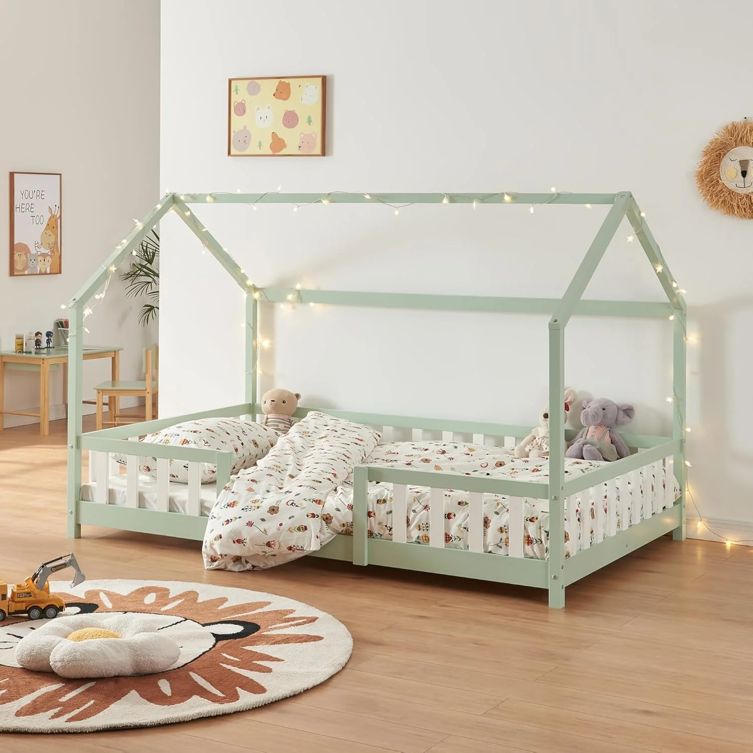 [en.casa] Letto per bambini Sisimiut a capanna 80 x 160 cm con protezione anticaduta letto in legno per bambini letto a terra rete a doghe in legno di pino Bianco opaco