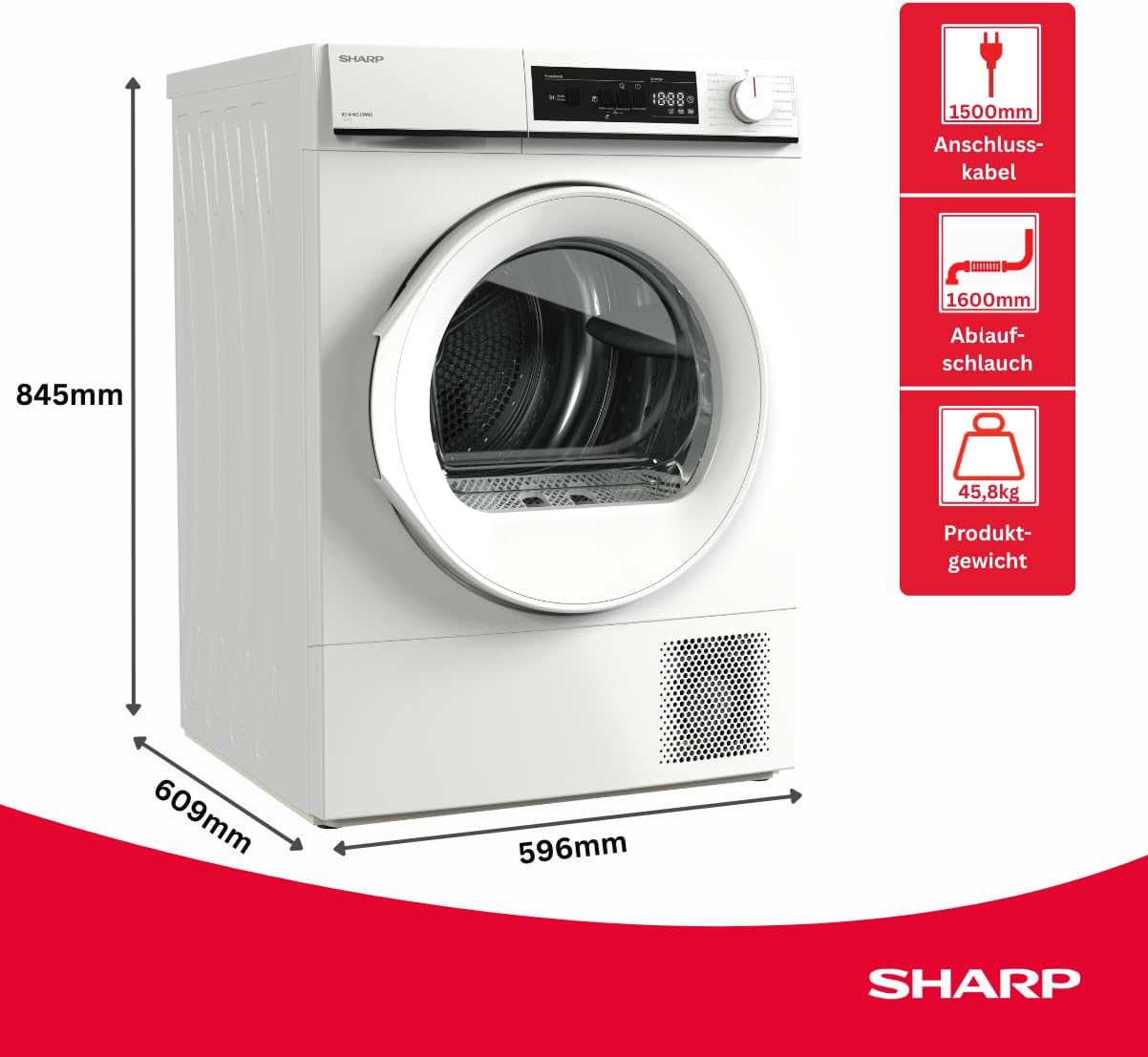 SHARP KD-NHA0S6GWWD-DE Wäschetrockner, 10kg, D, 15 Trockenprogramme inkl. 20-Minuten-Schnelltrockenprogramm, Weiß