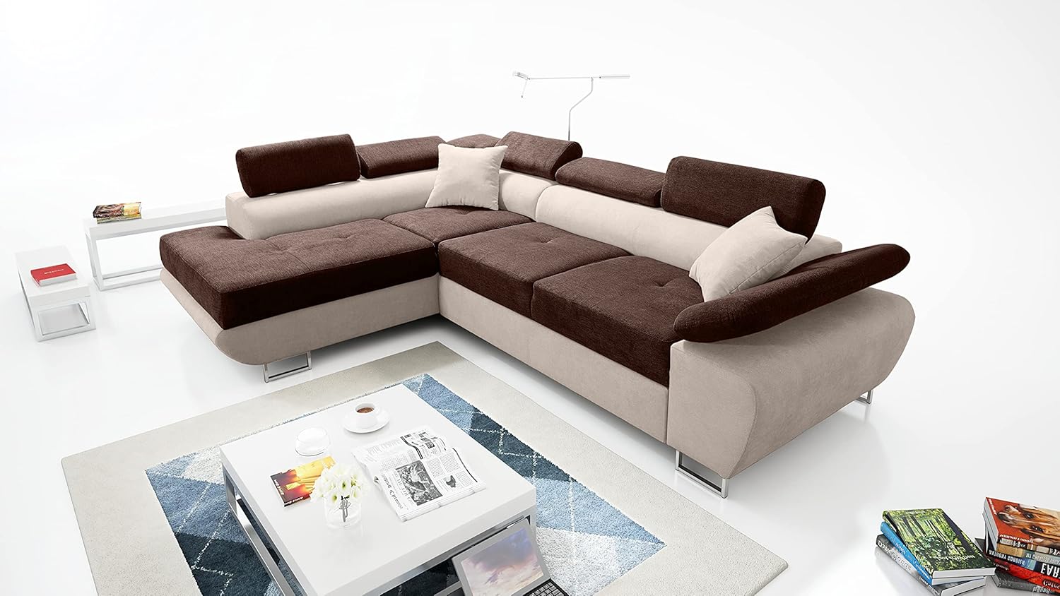 Robin Inspire Saturn Premium Ecksofa Schlaffunktion Bettkasten Verstellbare Kopfstützen Kissen Sofa L-Form Schlafsofa Freistehende Eckcouch Schlafcouch Wohnzimmermöbel Wohnlandschaft Links Braun Creme