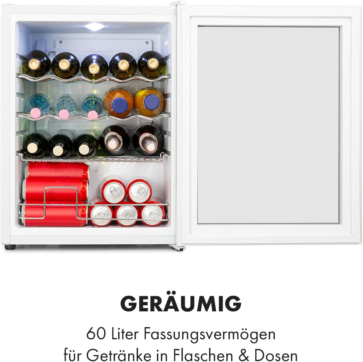 Klarstein Mini Kühlschrank mit Glastür für Zimmer, Getrnkekühlschrank mit Verstellbaren Ablagen, Kleiner 80 Liter, Indoor/Outdoor Kühlschrank Leise