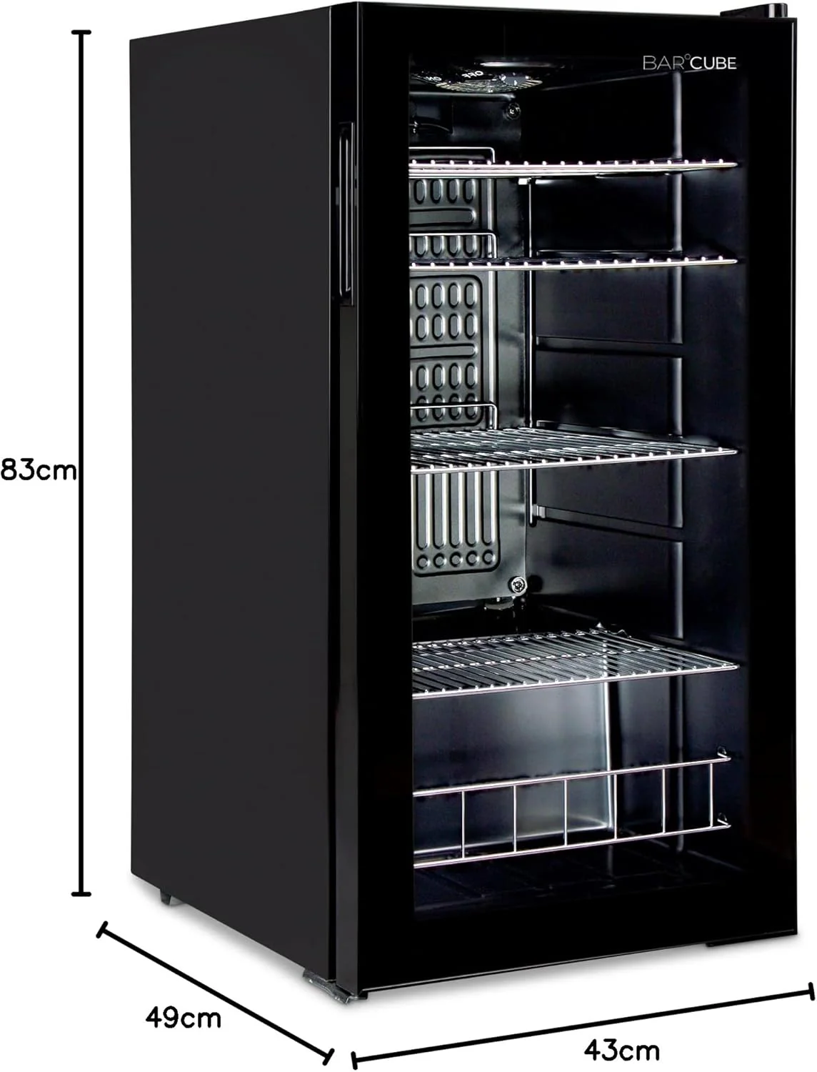 °CUBES Frigorifero per bevande 90L con porta in vetro e 4 ripiani regolabili | Frigorifero compatto per bottiglie, perfetto per casa, ufficio, feste e gastronomia | Elegante frigorifero con porta in vetro, nero
