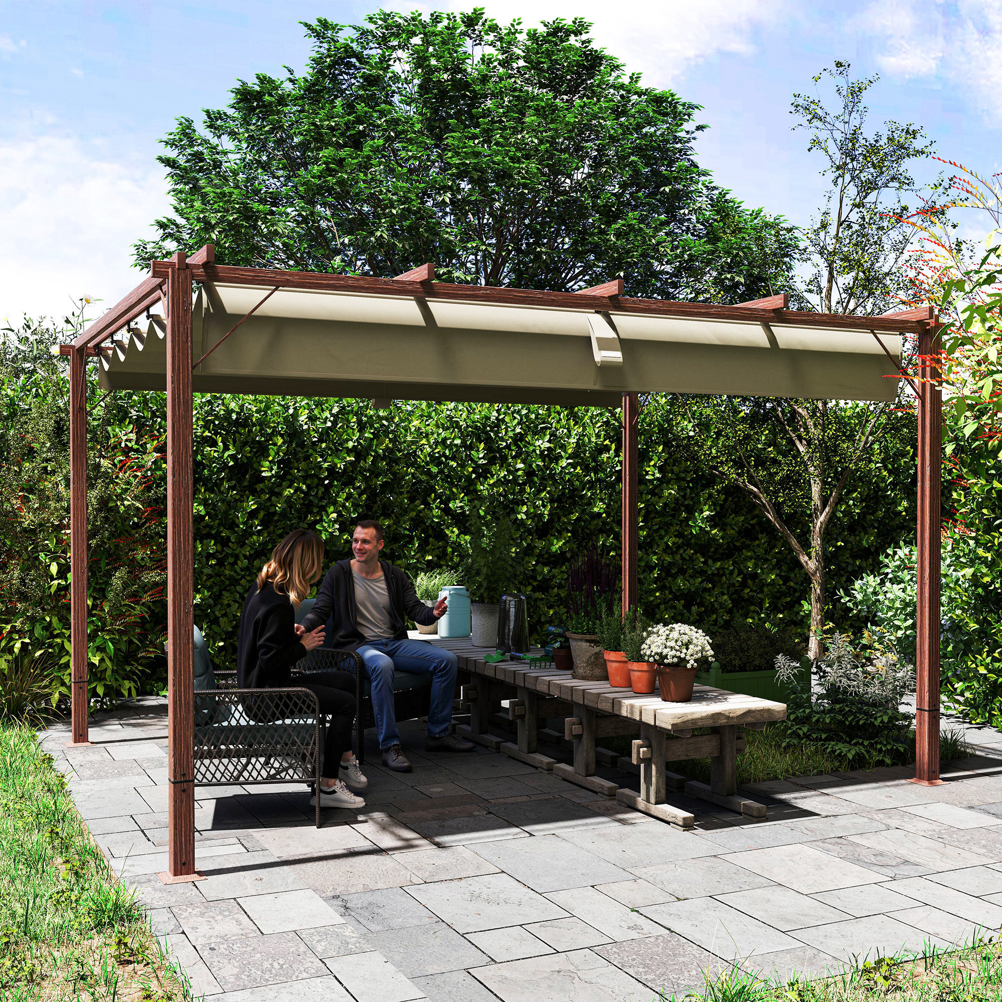 Outsunny 3 x 4 m Tuin-Pergola, Verstelbaar Terrasoverkapping, Aluminium Frame, UPF30+ Zonbescherming, Natuurhout