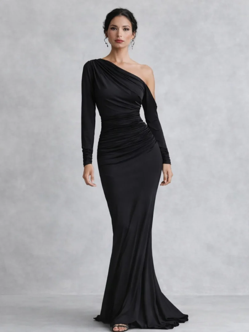 Womena??s Elegant One Shoulder Maxi Dress with Ruched Design
