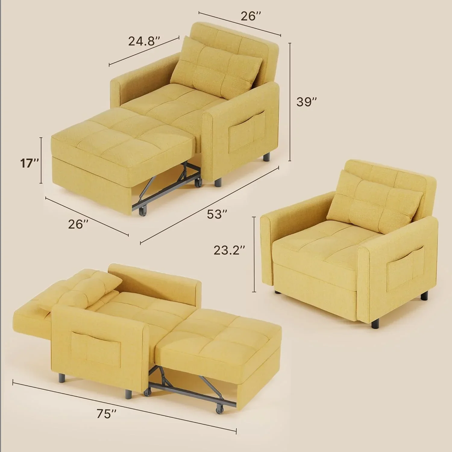 Sofa Bed Chair 3 in 1 Convertible Pullout Single Sleeper Chair Bed Spacious Multifunctional Sofa