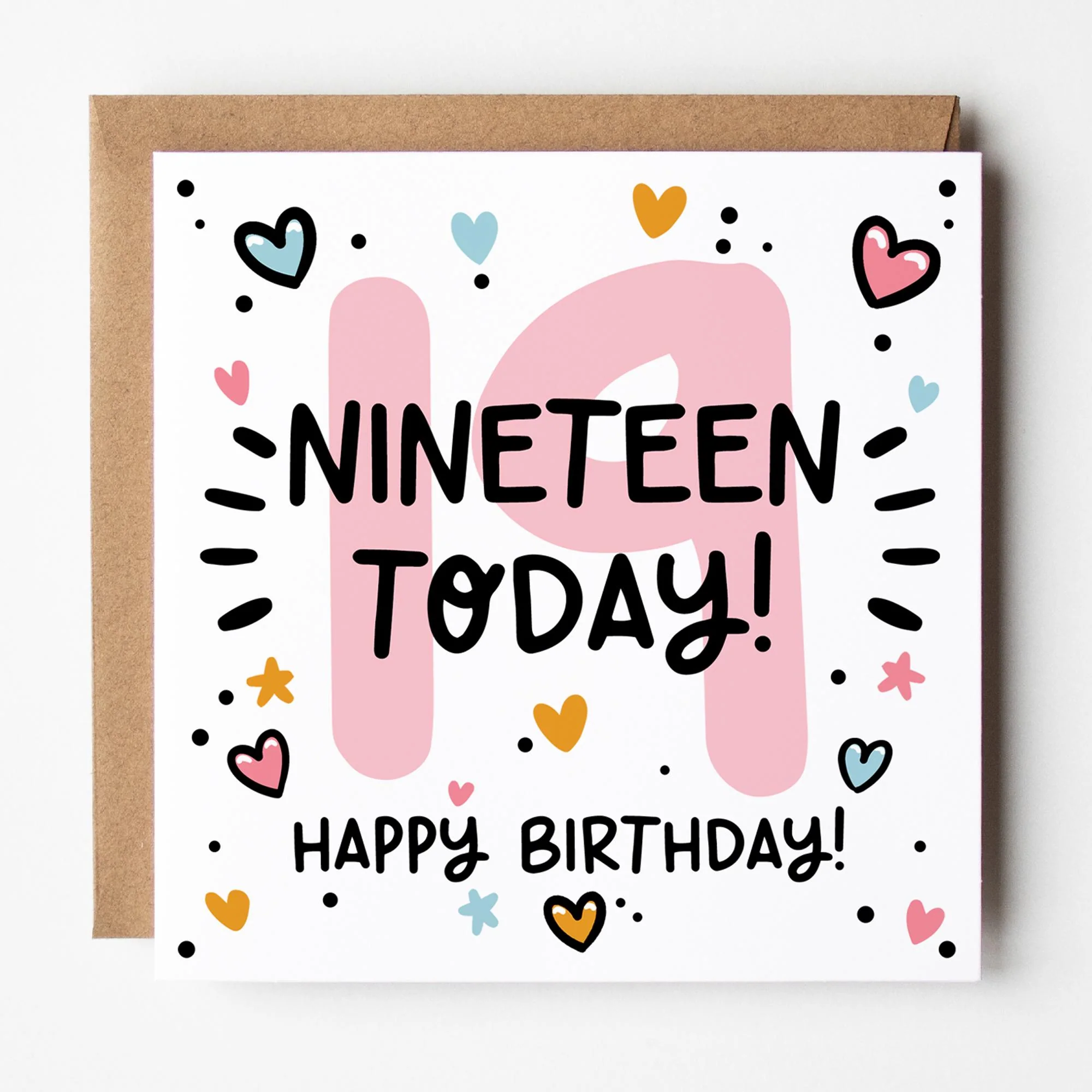 19th Birthday Card for Her: Pink 19, Nineteen Today with Hearts and Kraft Envelope