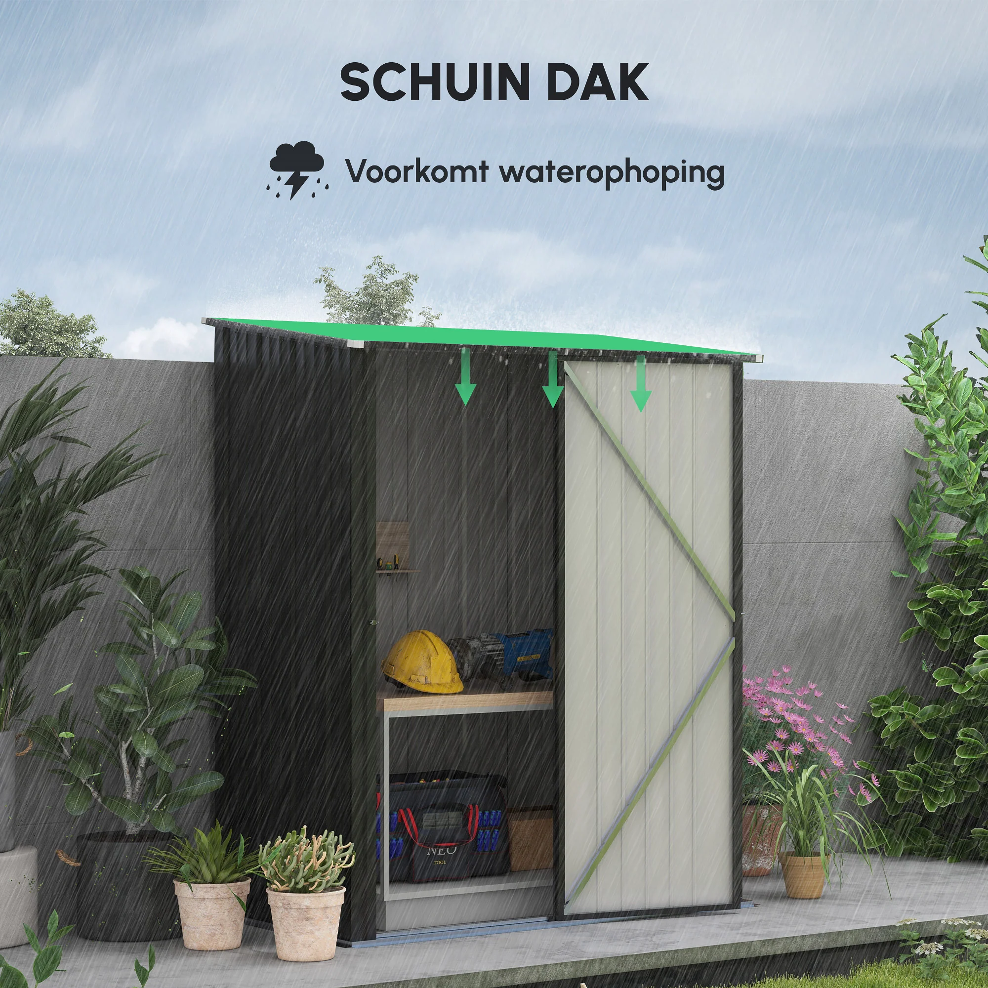 Outsunny Tuinschuur Gereedschapsschuur, afsluitbare deur, weerbestendig, incl. schappen, 161,5 cm x 94,5 cm x 196 cm, Zwart