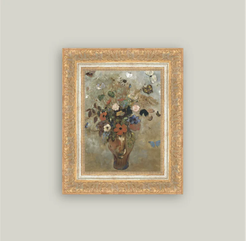 Flower Butterfly Vase Framed Antique Inspired Art