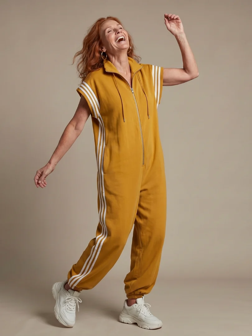 Women��s Zip Front Jumpsuit with Stripe Panel Detail