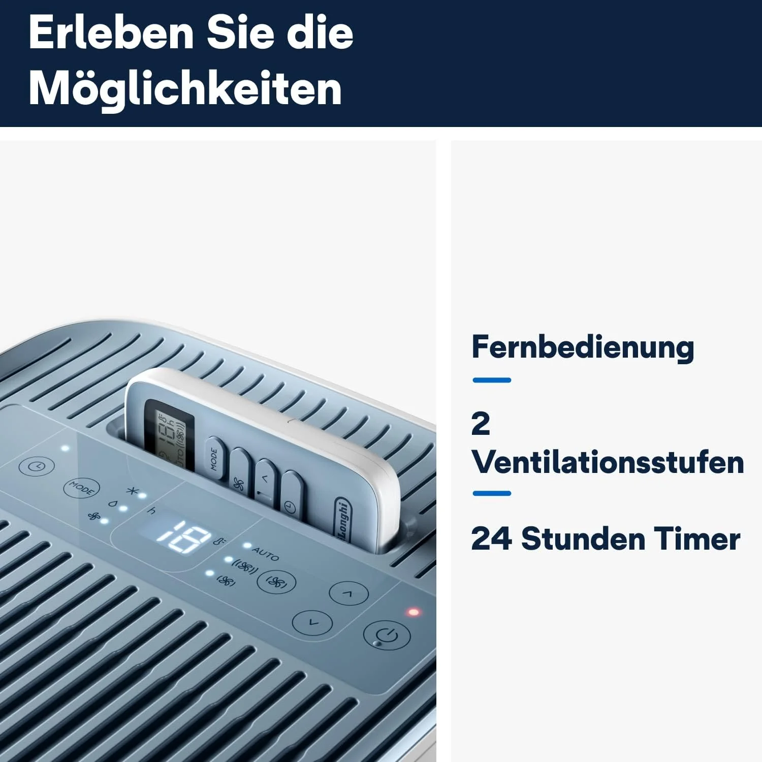De'Longhi Pinguino PAC EM82, Condizionatore Portatile per ambienti fino a 80 m³, 9.400 BTU, 2,4 kW, 63 dB, Funzione Deumidificatore, Classe Energetica A, Timer 24h, Bianco