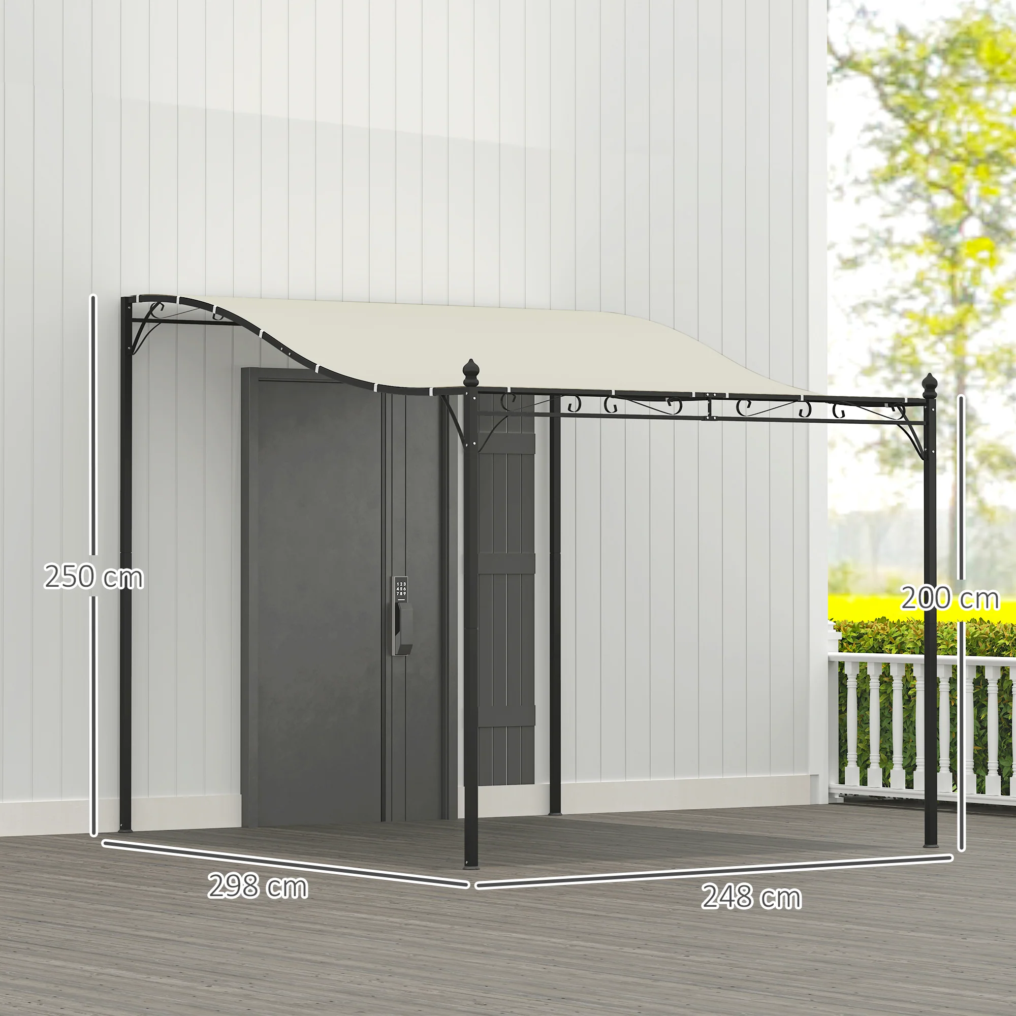 Outsunny 2,5 x 3 m Pergola, Wandgemonteerde Tuinpaviljoen, waterbestendig, Metalen frame, Afvoergaten, Schaduwdak, Crèmewit