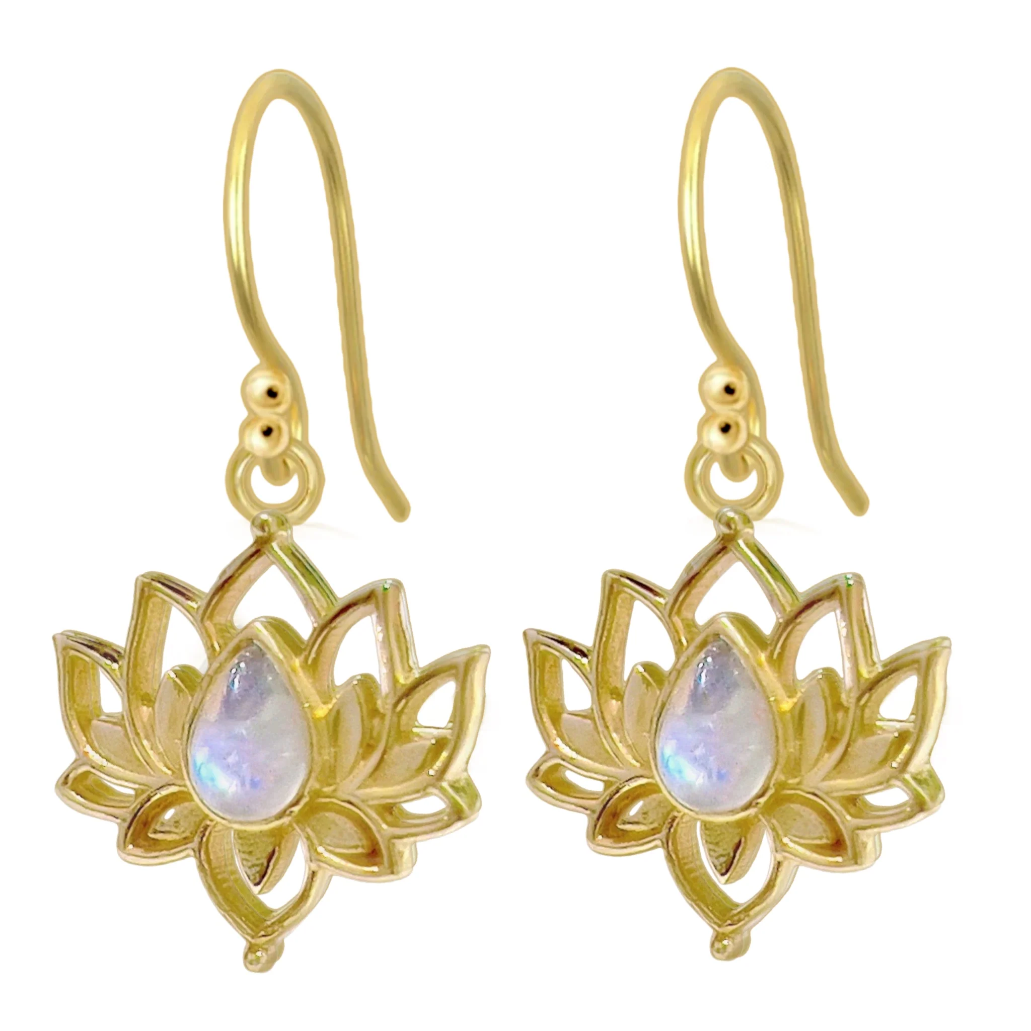 Laihas Opulent Lotus Flower Gold Moonstone Earrings