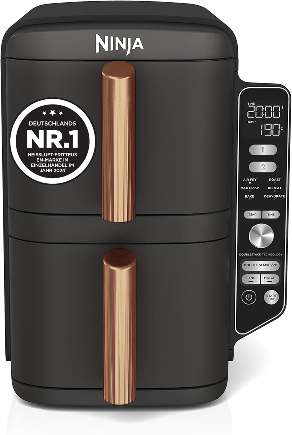 Ninja Double Stack XL Heißluftfritteuse, 2 vertikale Schubladen, 4 Kochstufen, 2 Einschübe, platzsparendes Design, 9,5 L Fassungsvermögen, 6 Funktionen, 8 Portionen, Zange, Schwarz/Kupfer SL400EUCP