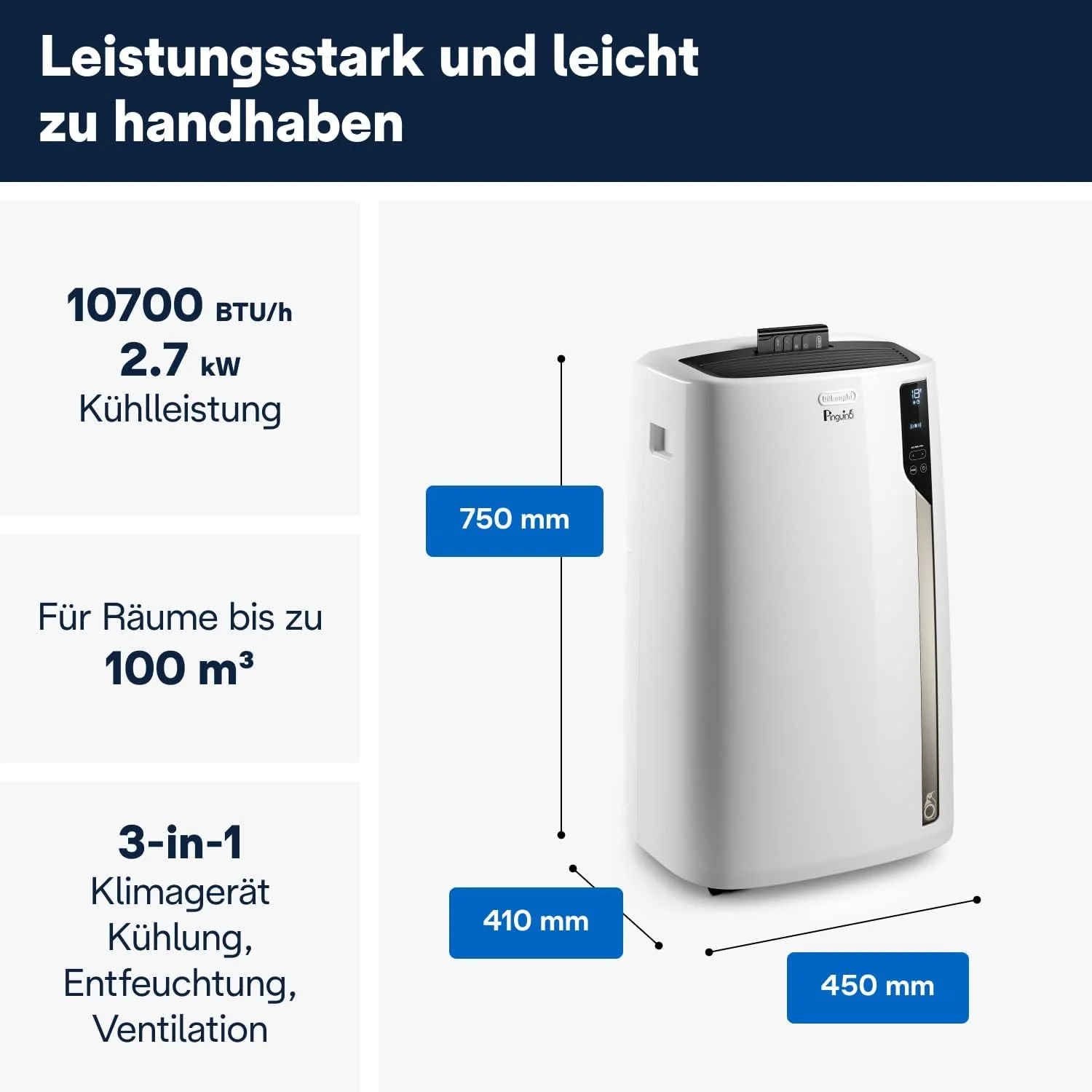 De'Longhi Pinguino PAC EM82, Condizionatore Portatile per ambienti fino a 80 m³, 9.400 BTU, 2,4 kW, 63 dB, Funzione Deumidificatore, Classe Energetica A, Timer 24h, Bianco