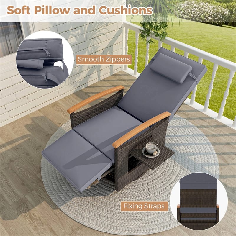 Outdoor Rattan 360° Swivel Recliner Chair, Patio Wicker Chaise Lounge Chair with Adjustable Backrest & Footrest, Flip Side Table & Cushions