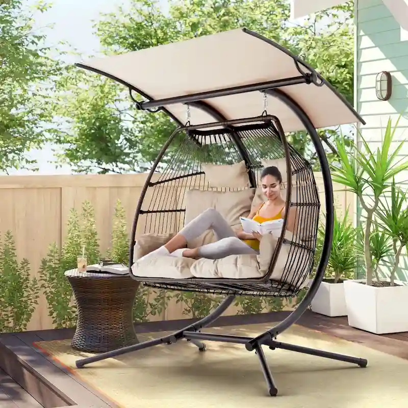 Outdoor Swing Loveseat with Stand, Foldable Hanging Chair, Hammock Cushion, and Awning, Double Egg Chair - Beige