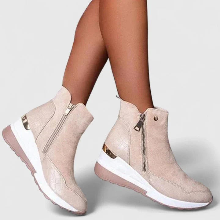 Women��s Black Wedge Ankle Boots Croc-Panel Zip-Up Design