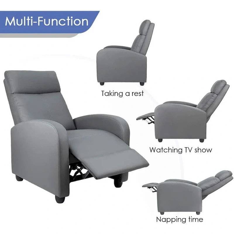 PU Leather Push-Back Recliner Chair, Brown / Black / Grey / Khaki / Red / Beige, Single