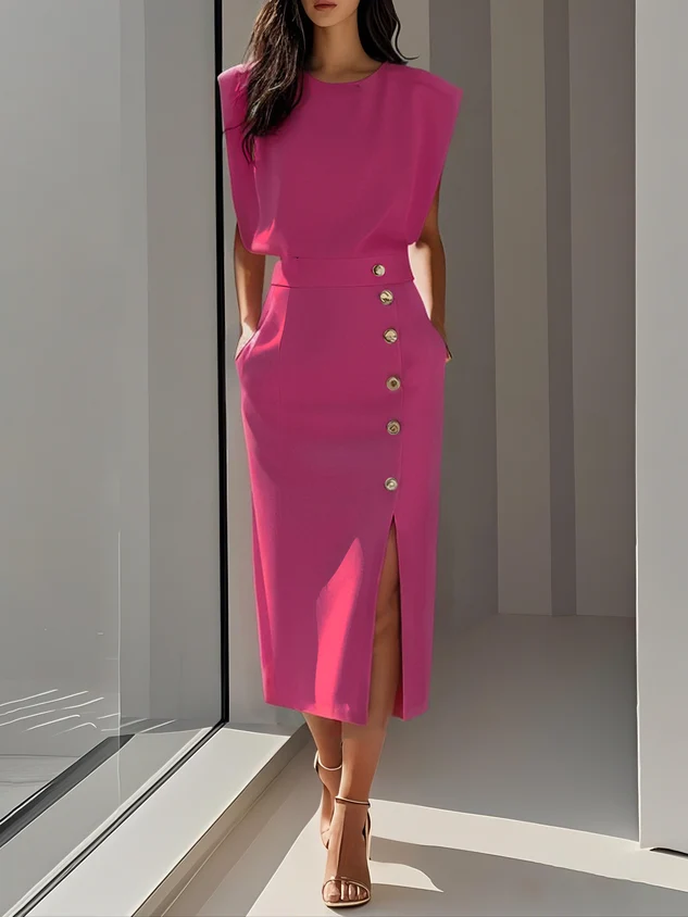 Women��s Midi Dress Sleeveless Button Front Elegant Style