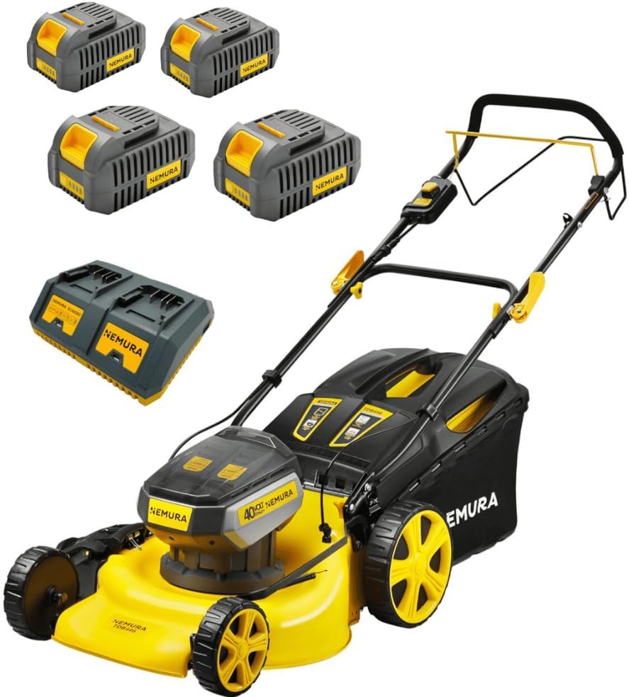 Nemura Tagliaerba autotrafitta a batteria 80 V (2 x 40 V) – Taglio 51 cm – 4 batterie 4 Ah + doppio caricabatterie, autonomia 1100 m² – 7 altezze 25 – 70 mm – Funzione Mulching, vassoio 60 L – Marca