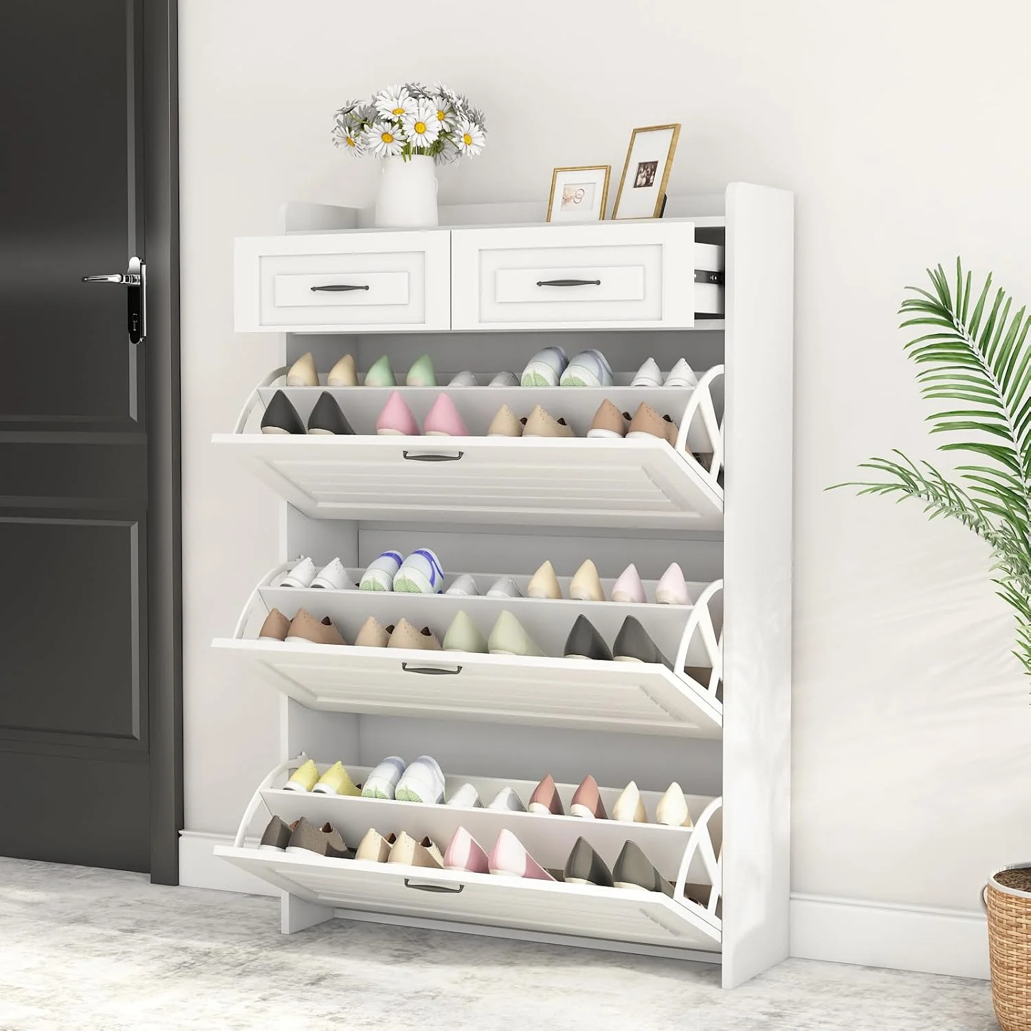 Shoe Cabinet with 3 Large Flip Drawers & 2 Storage Drawers, Narrow Shoe Organizer Cabinet Fits