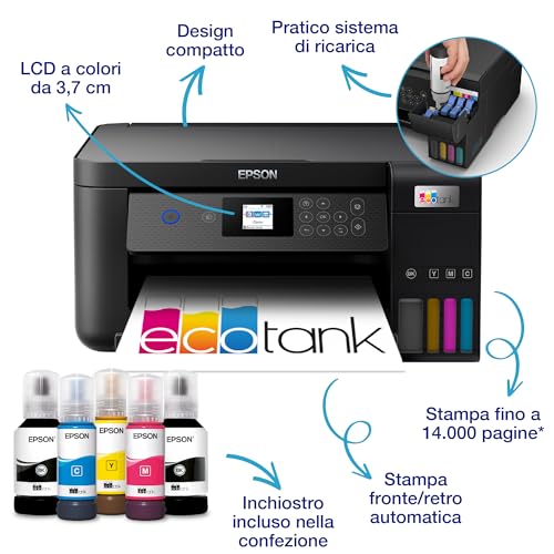 Stampante multifunzione Wi Fi con serbatoio d'inchiostro EcoTank ET 2850 A4, con fornitura inclusa fino a 3 anni di inchiostri, nero : Informatica