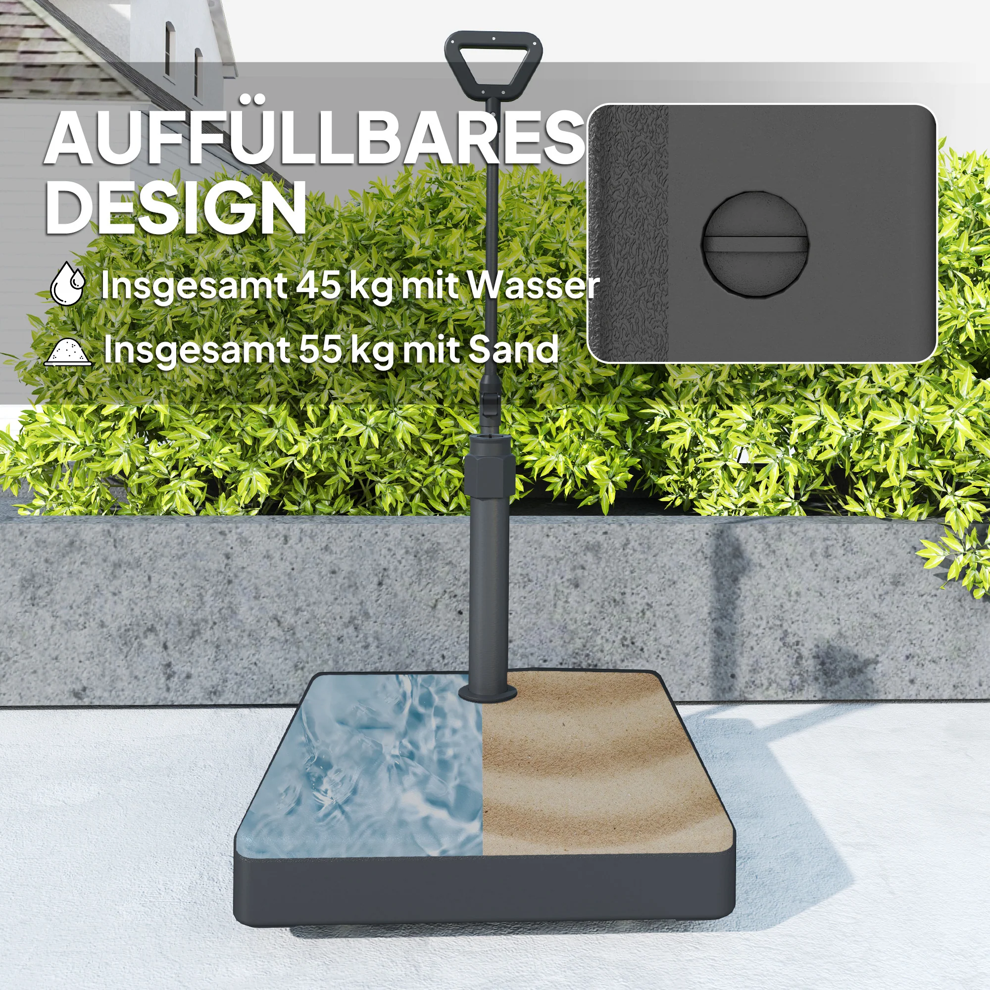 Outsunny Tuinparasolvoet met verstelbare wielen, vulbaar met water en zand, Kunststof, Zwart