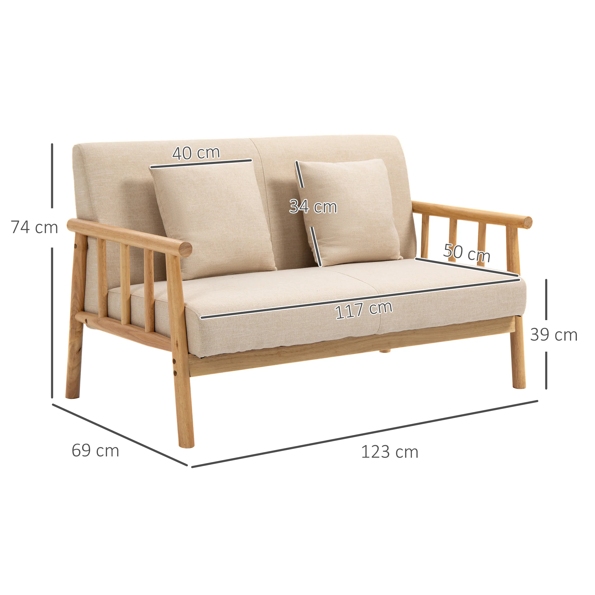 HOMCOM 2-Zitsbank, Stoffen Bekleding in Linnenlook, Compact, Tot 200 kg, Houten Frame, 123L x 69B x 74H cm, Beige