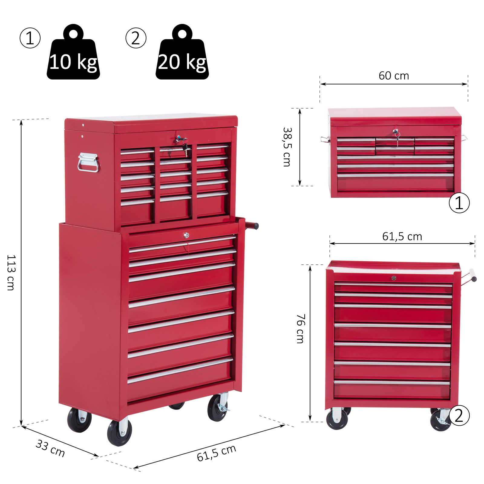 HOMCOM® mobiele werkplaatswagen, afsluitbaar met 16 schuifladen, rood / schuiflade gereedschapwagen wagen met wielen  gereedschapskist (rood)