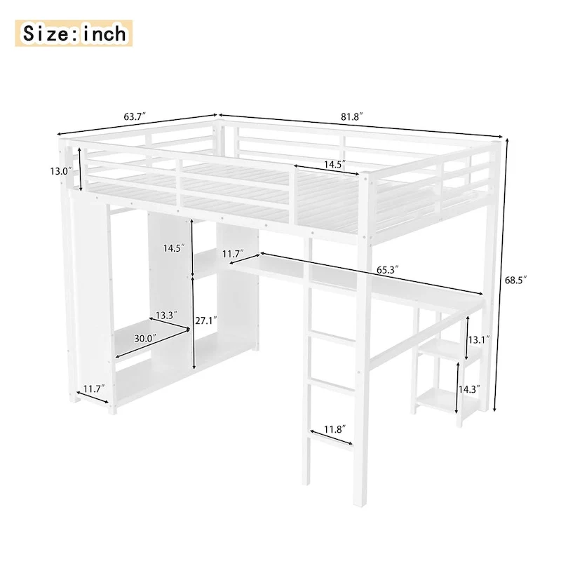 Queen Loft Bed - Built-in Wardrobe & Desk, Metal Frame with Shelves
