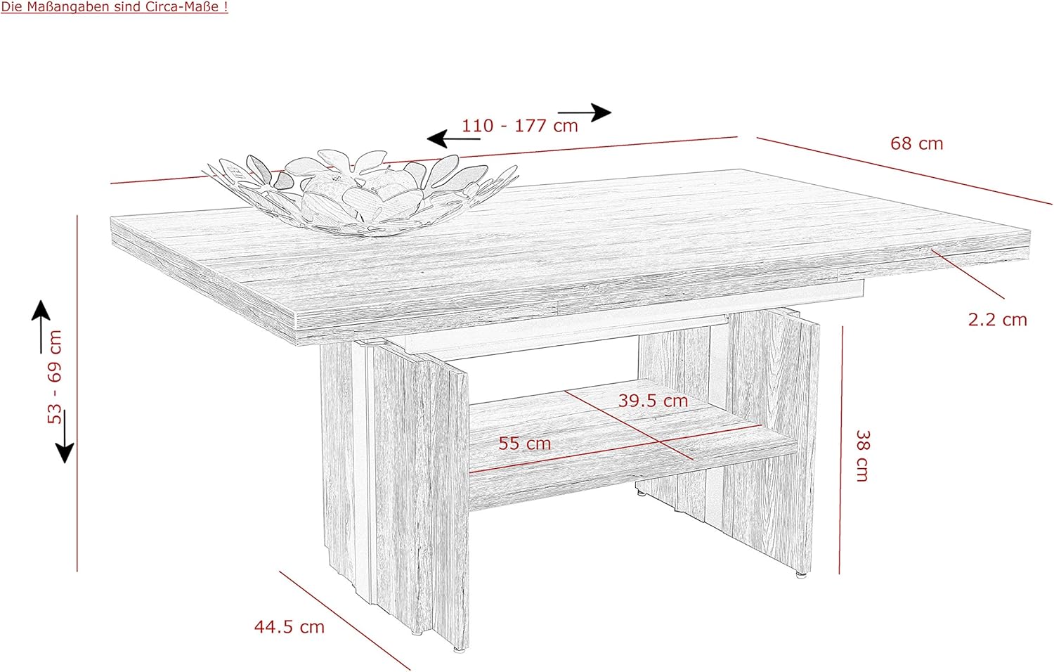 Hela Tische, Couchtisch Wohnzimmertisch Jerome, Holzwerkstoff melaminbeschichtet, Wildeiche, ausziehbar 110-177cm, höhenverstellbar mit Lift 53-69cm