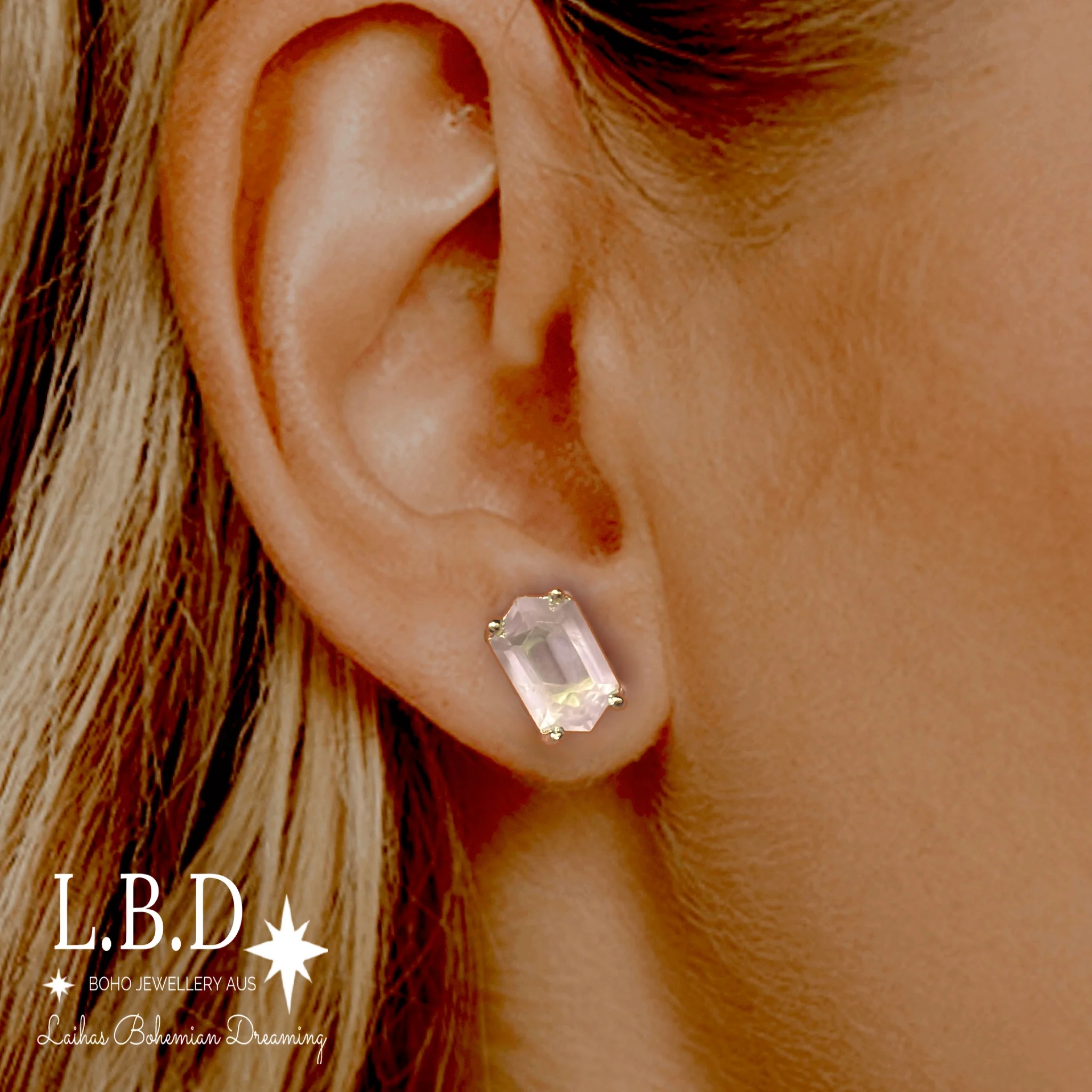 Laihas Hex Crystal Gold Rose Quartz Stud Earrings