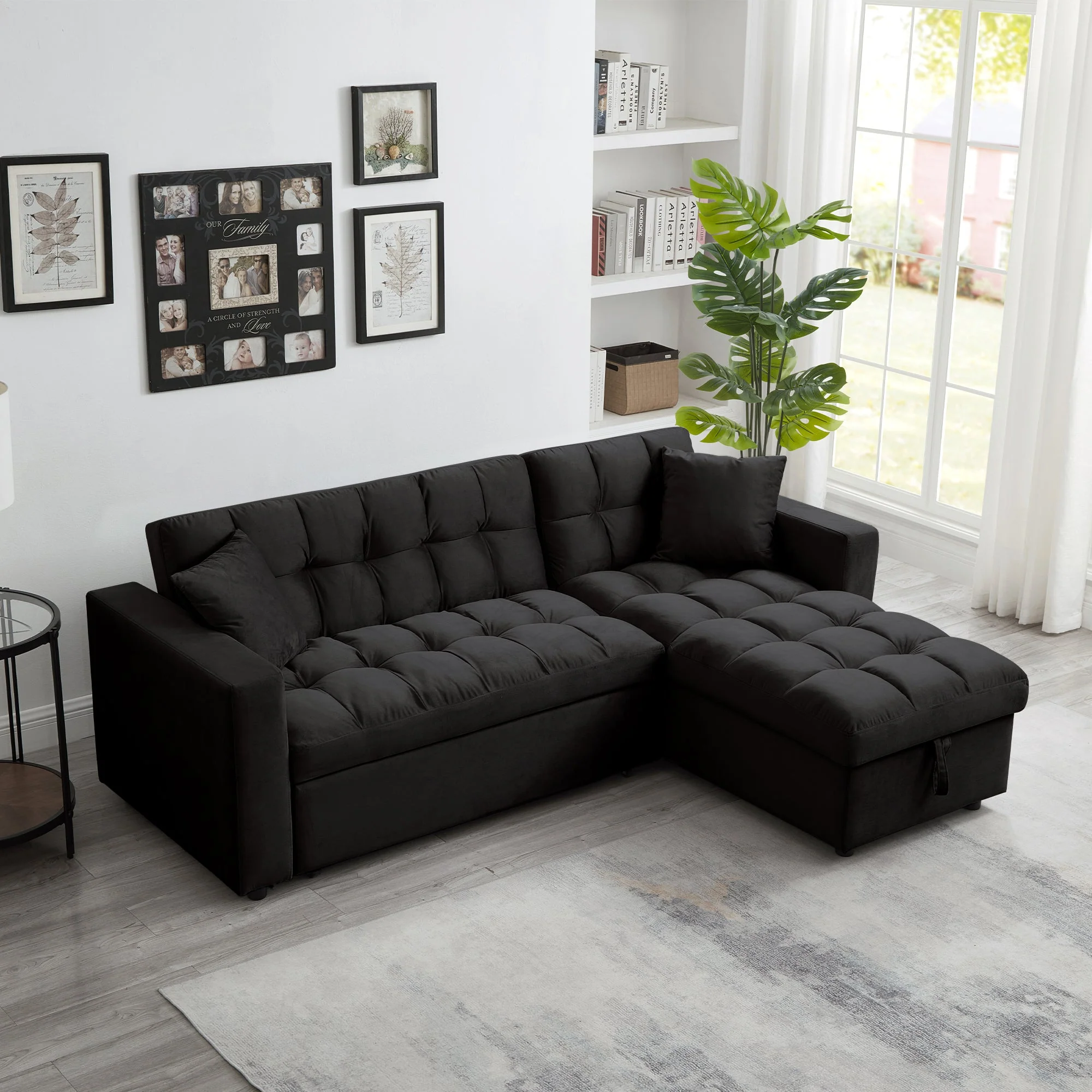2025 Luxe Velvet Hoekbedbank met Kussen | Rechthoekige Chaise, Uittrekbaar Bed en Opbergruimte C SKU: BT2480B