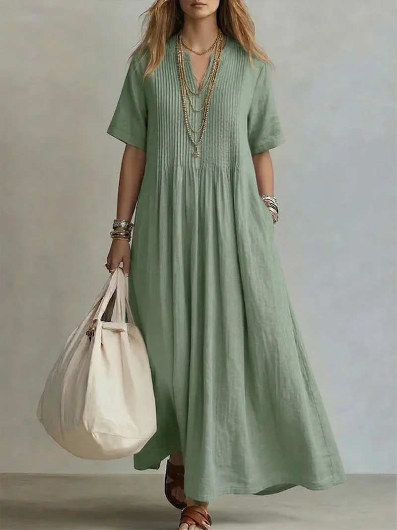 Womena??s Pleated Maxi Dress Soft Linen Fabric with Pockets