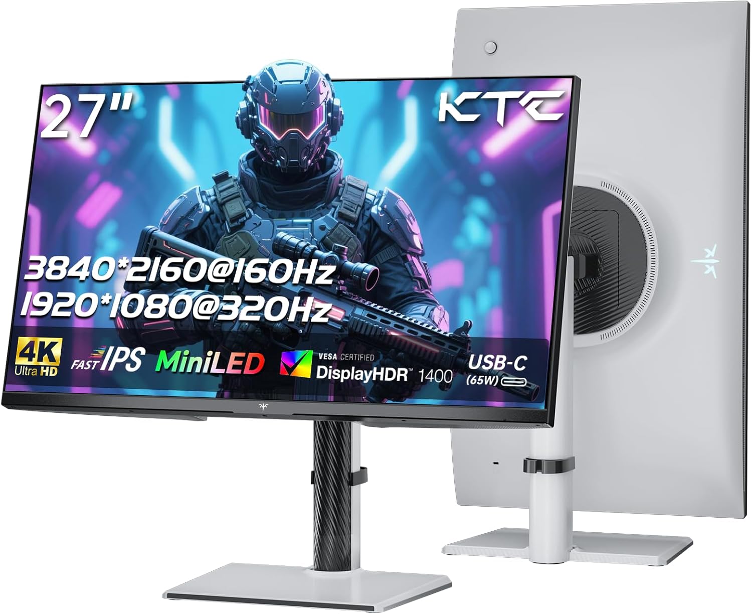 KTC MiniLED Écran PC Gamer 27 Pouces | 4K@160Hz, FHD@320Hz Commutation Transparente | 1152 Gradation Locale par Zone | HDR1400 | 1ms Temps de réponse | Adaptive Sync | 145% sRGB | KVM | Blanc | M27P6