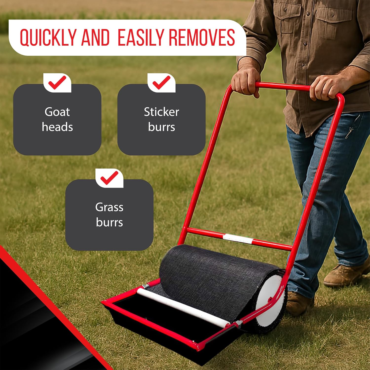 X-Large Remover Yard Tool Wide for Easy Yard Cleanup - Push Model 2.0 for Burr & Sticker Removal - Effortless Goat Head Roller and Picker - Made in USA (18