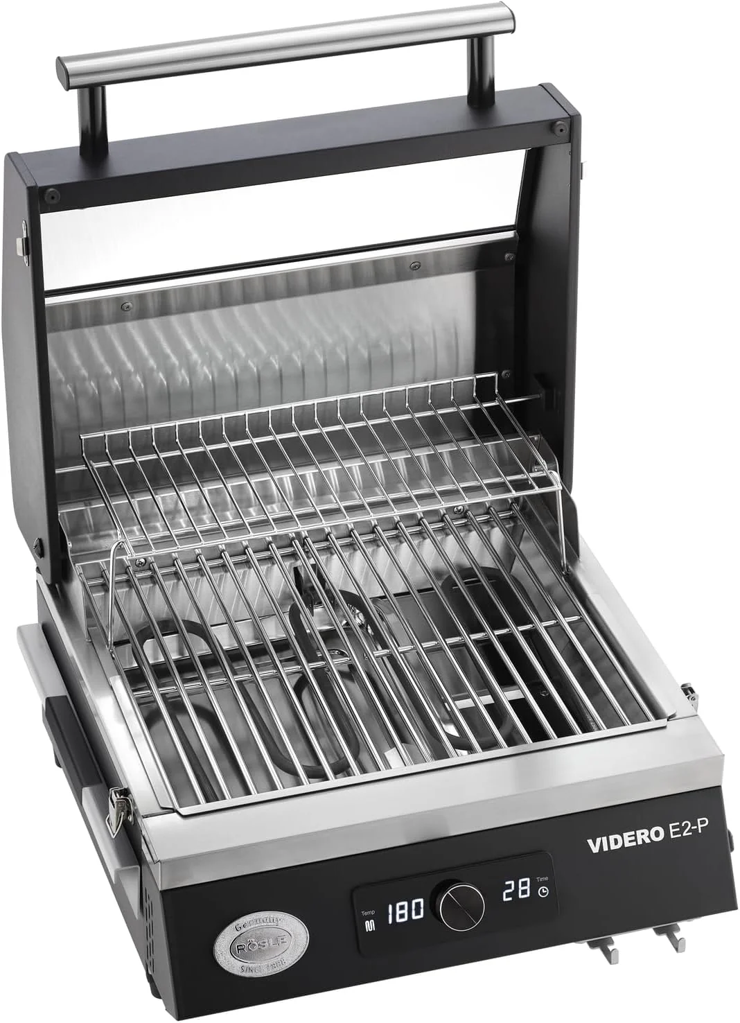 RÖSLE Elektrogrill BBQ-Portable Videro E2-P, tragbarer Tischgrill mit 2 Brennern, Warmhalterost und Deckel mit Glaseinsatz, pulverbeschichteter Stahl, schwarz/silbern
