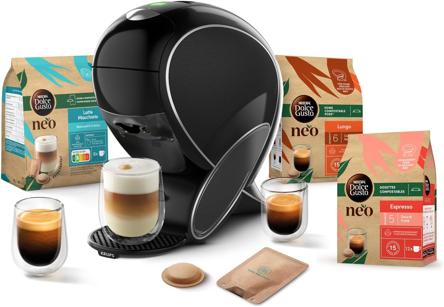 Dolce Gusto NEO Coffee Machine by Krups, Macchina da caffè + 3 scatole di cialde compostabili (Espresso, Lungo, Cappuccino), Macchina da caffè multi-bevanda connessa YY5242FD