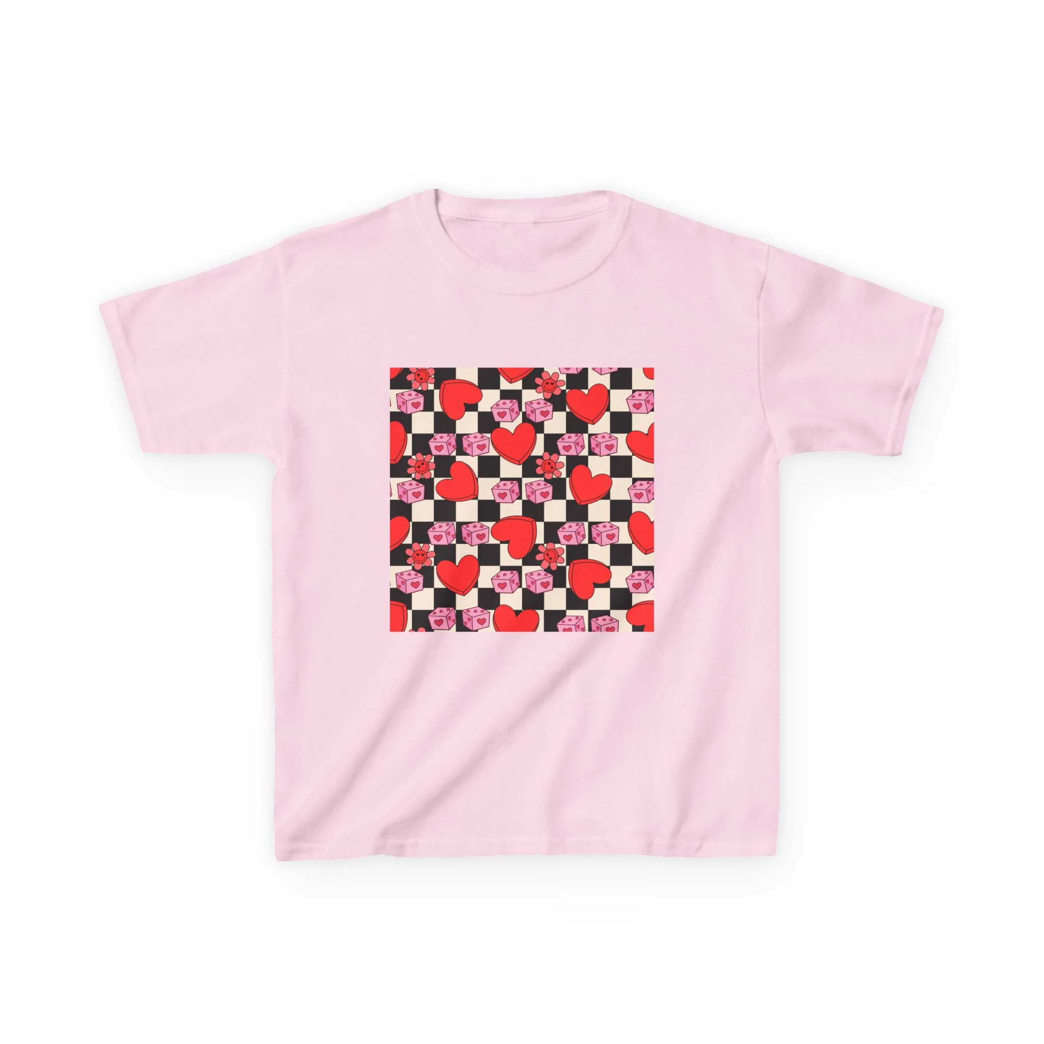Checkerboard Hearts Kids Tee | Red Pink Black Heart Pattern