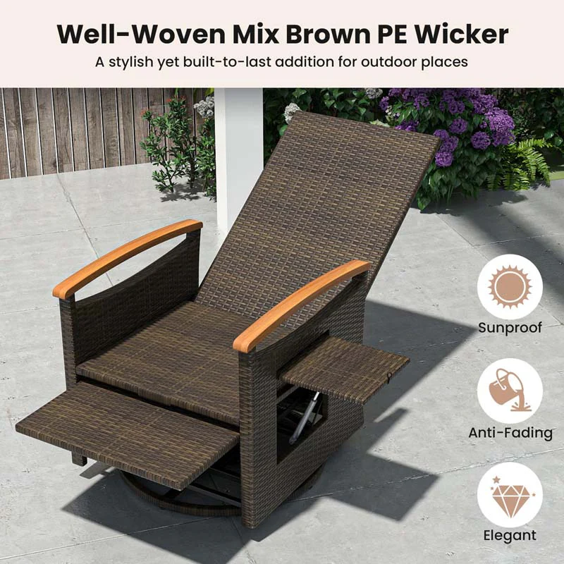 Outdoor Rattan 360° Swivel Recliner Chair, Patio Wicker Chaise Lounge Chair with Adjustable Backrest & Footrest, Flip Side Table & Cushions